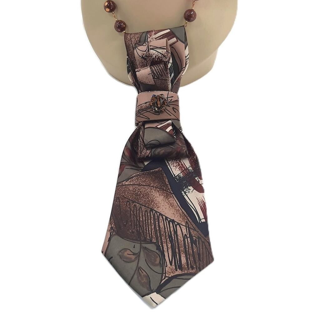 Artisan Abstract Silk Tie Necklace Mercedes Vintage Upcycled Earthy Tone Jeweled